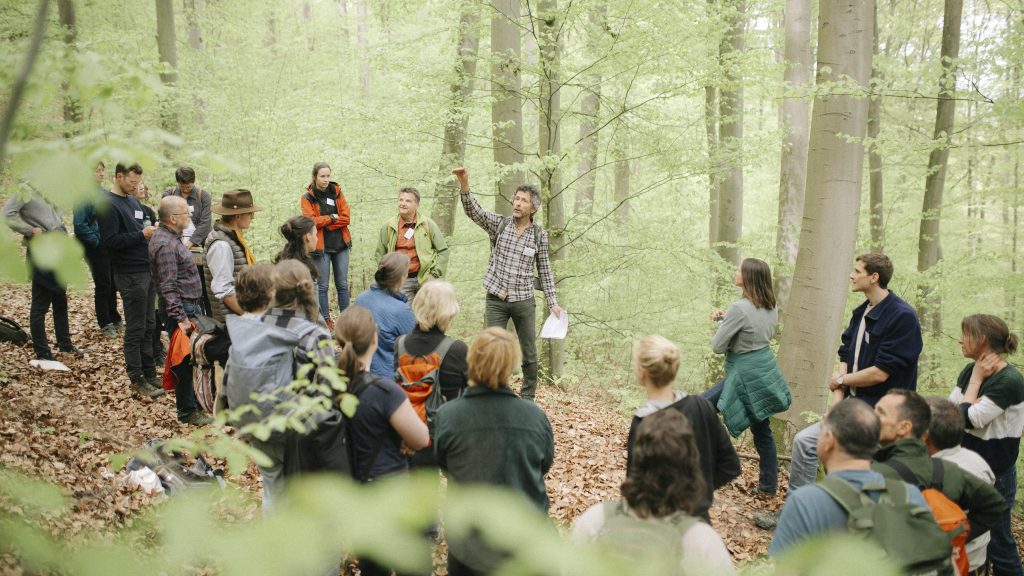 Ein Förster zeigt in den Wald und erklärt einer Gruppe von Menschen etwas